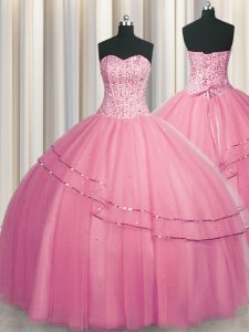 Visible Boning Big Puffy Rose Pink Lace Up 15 Quinceanera Dress Beading Sleeveless Floor Length