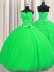 Pretty Handcrafted Flower Green Ball Gowns Strapless Sleeveless Tulle Floor Length Lace Up Beading and Sequins and Hand Made Flower Sweet 16 Dresses