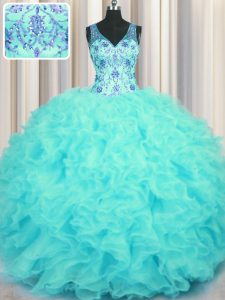 Clearance V Neck Beading and Appliques and Ruffles Ball Gown Prom Dress Aqua Blue Zipper Sleeveless Floor Length