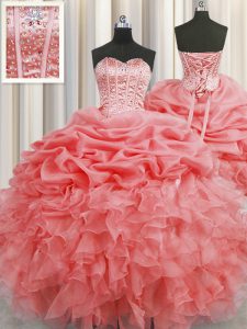 Visible Boning Floor Length Lace Up Quinceanera Dress Watermelon Red for Military Ball and Sweet 16 and Quinceanera with Beading and Ruffles and Pick Ups