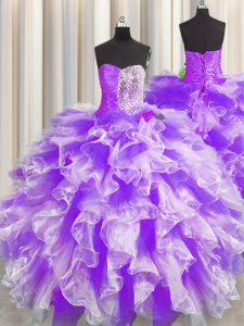 White And Purple Ball Gowns Beading and Ruffles and Ruching Sweet 16 Dresses Lace Up Organza Sleeveless Floor Length