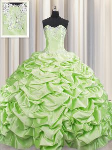 Classical Pick Ups Brush Train Sweetheart Sleeveless Sweep Train Lace Up Quinceanera Gowns Yellow Green Taffeta