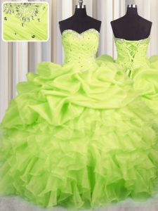 Artistic Yellow Green Organza Lace Up Sweetheart Sleeveless Floor Length 15 Quinceanera Dress Beading and Ruffles and Ruching and Pick Ups