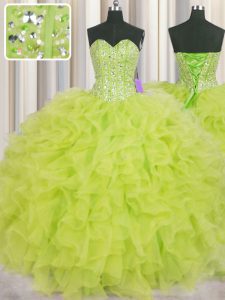 Shining Visible Boning Sleeveless Organza Floor Length Lace Up Quinceanera Dresses in Yellow Green with Beading and Ruffles