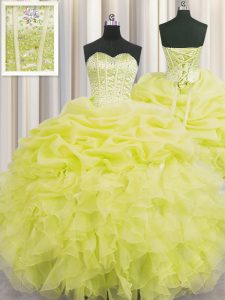 Visible Boning Yellow Organza Lace Up Quinceanera Gowns Sleeveless Floor Length Beading and Ruffles and Pick Ups