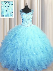 See Through Zipper Up Baby Blue Tulle Zipper 15th Birthday Dress Sleeveless Floor Length Beading and Ruffles