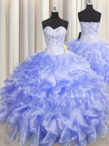Fashion Visible Boning Zipper Up Ball Gowns 15 Quinceanera Dress Lavender Sweetheart Organza Sleeveless Floor Length Zipper