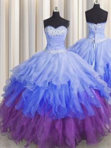 Colorful Sequins Ruffled Multi-color Sleeveless Organza Zipper Quinceanera Dresses for Military Ball and Sweet 16 and Quinceanera