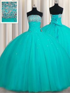 Aqua Blue Tulle Lace Up Strapless Sleeveless Floor Length Sweet 16 Dresses Beading and Sequins