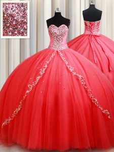 Popular Coral Red Quinceanera Dresses Military Ball and Sweet 16 and Quinceanera and For with Beading and Appliques Sweetheart Sleeveless Lace Up