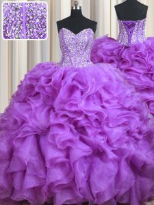 Pretty Sweetheart Sleeveless Organza 15 Quinceanera Dress Beading and Ruffles Sweep Train Lace Up