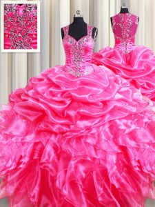 Organza Straps Sleeveless Zipper Beading and Ruffles and Pick Ups Quince Ball Gowns in Hot Pink