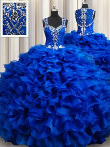 Royal Blue Ball Gowns Straps Sleeveless Organza Floor Length Lace Up Beading and Appliques and Ruffles Quinceanera Dress
