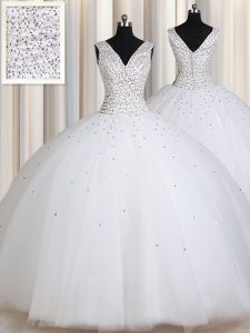 Artistic White Vestidos de Quinceanera Military Ball and Sweet 16 and Quinceanera and For with Beading and Sequins Straps Sleeveless Zipper
