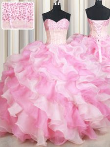 Adorable Pink And White Ball Gowns Organza Sweetheart Sleeveless Beading and Ruffles Floor Length Lace Up 15 Quinceanera Dress