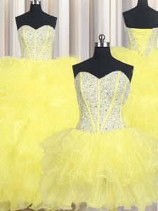 Sumptuous Three Piece Yellow Organza Lace Up Sweet 16 Dresses Sleeveless Floor Length Beading and Ruffles