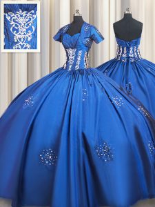 Blue Ball Gowns Sweetheart Short Sleeves Taffeta Floor Length Lace Up Beading and Appliques Sweet 16 Dress