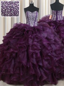 Modern Sleeveless Organza Floor Length Lace Up Quinceanera Dress in Dark Purple with Beading and Ruffles