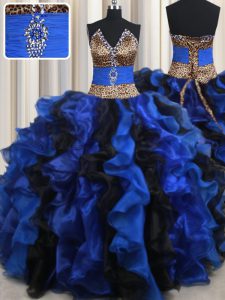 Blue And Black Sleeveless Organza Lace Up Sweet 16 Quinceanera Dress for Military Ball and Sweet 16 and Quinceanera