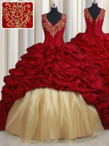 V-neck Sleeveless 15 Quinceanera Dress Sweep Train Beading and Appliques and Pick Ups Red Taffeta
