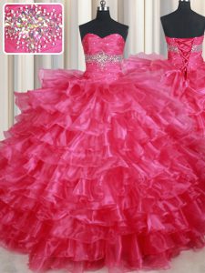 Sleeveless Organza Floor Length Lace Up Vestidos de Quinceanera in Coral Red with Ruffled Layers