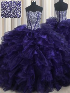 Purple Sleeveless With Train Beading and Ruffles Lace Up Ball Gown Prom Dress