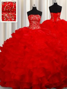 Elegant Sleeveless Organza Floor Length Lace Up 15 Quinceanera Dress in Red with Beading and Embroidery and Ruffles