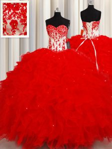 Traditional Red Lace Up 15 Quinceanera Dress Beading and Appliques and Ruffles and Sequins Sleeveless Floor Length