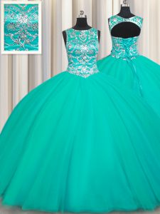 Turquoise Scoop Neckline Appliques Quinceanera Gown Sleeveless Lace Up