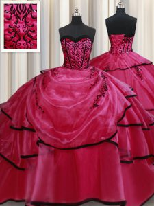Red Sleeveless Beading and Appliques and Ruffled Layers Floor Length Quinceanera Gown