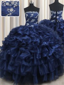 Vintage Navy Blue Strapless Lace Up Appliques and Ruffles and Pick Ups Quinceanera Dress Sleeveless
