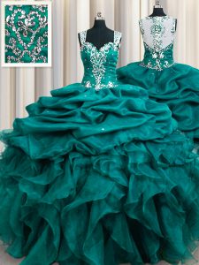 Nice Straps Beading and Ruffles and Pick Ups Ball Gown Prom Dress Teal Zipper Sleeveless Floor Length