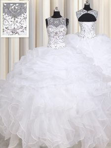 Super White Straps Neckline Beading and Ruffles Quince Ball Gowns Sleeveless Lace Up