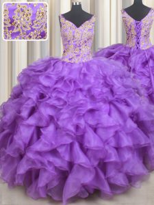 High Quality Purple Sweetheart Neckline Beading and Appliques and Ruffles Sweet 16 Dresses Sleeveless Lace Up