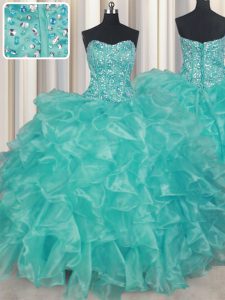 Custom Designed Floor Length Turquoise Quince Ball Gowns Sweetheart Sleeveless Lace Up