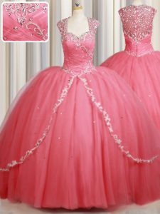 Straps Cap Sleeves Tulle Sweep Train Zipper Quinceanera Dress in Watermelon Red with Beading and Appliques