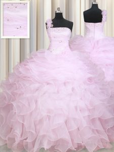Baby Pink Zipper One Shoulder Beading and Ruffles 15 Quinceanera Dress Organza Sleeveless