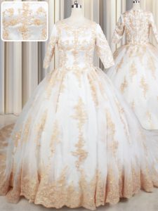 Court Train Ball Gowns Sweet 16 Dress White Scoop Tulle Half Sleeves Zipper