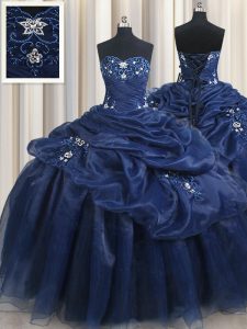 Great Pick Ups Sweetheart Sleeveless Lace Up Ball Gown Prom Dress Navy Blue Organza