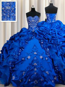 Hot Selling Royal Blue Ball Gowns Beading and Embroidery and Sequins and Pick Ups Quince Ball Gowns Lace Up Taffeta Sleeveless Floor Length