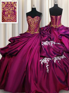 Sleeveless Taffeta Floor Length Lace Up Sweet 16 Dress in Fuchsia with Beading and Appliques and Pick Ups
