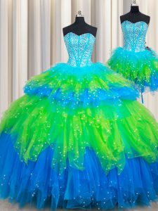 Shining Three Piece Beading and Ruffled Layers Sweet 16 Dress Multi-color Lace Up Sleeveless Floor Length