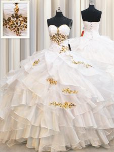 Sleeveless Floor Length Beading and Ruffled Layers Lace Up Quinceanera Gown with White