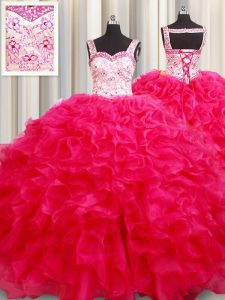 Custom Fit Straps Hot Pink Sleeveless Embroidery and Ruffles Floor Length Quince Ball Gowns