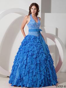 Blue A-line Halter Floor-length Chiffon with Embroidery Sweet Sixteen Dresses