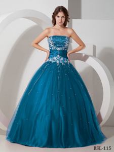 A-line Strapless Taffeta and Tulle Appliques and Beading Quinceanera Dresses