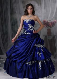 Royal Blue Strapless Taffeta Appliques Dress For Quinceanera in Marblehead