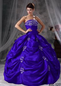 Royal Blue Ball Gown Strapless Taffeta Appliques Quinceanera Gown Dresses