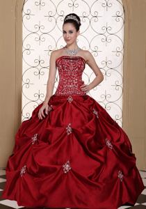 Embroidery in Wine Red Taffeta Pick-ups Strapless Sweet 16 Dresses in Lexington