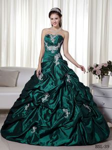Teal A-line Strapless Taffeta Appliques and Pick-ups Quinceanera Gown Dresses